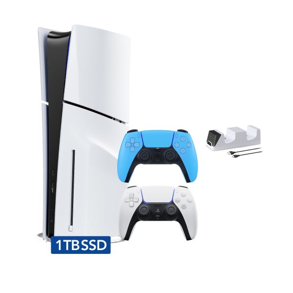 PlayStation 5 Disc Edition with Two Controllers White and Starlight Blue DualSense and Mytrix Dual Controller Charger - PS5 Gaming Console - Image 2