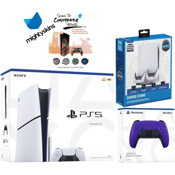 Sony PlayStation 5 Slim Disc Bundle with Extra Galactic Purple Controller, Charging USB HUB