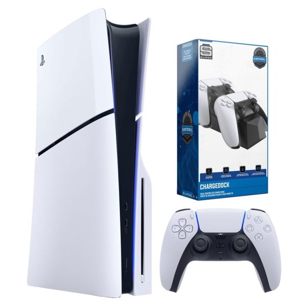 Sony PlayStation 5 Slim Disc PS5 Video Game Console - White Box and Surge Dual Charging Dock